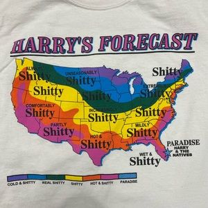 Funny Men’s T Shirt.  White. Size Small. Colorful Map. Bad Weather.‎ Paradise